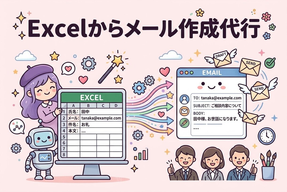 事務向け♪大量メールを一覧管理いたします Excel入力だけで複数メールを自動作成します イメージ1