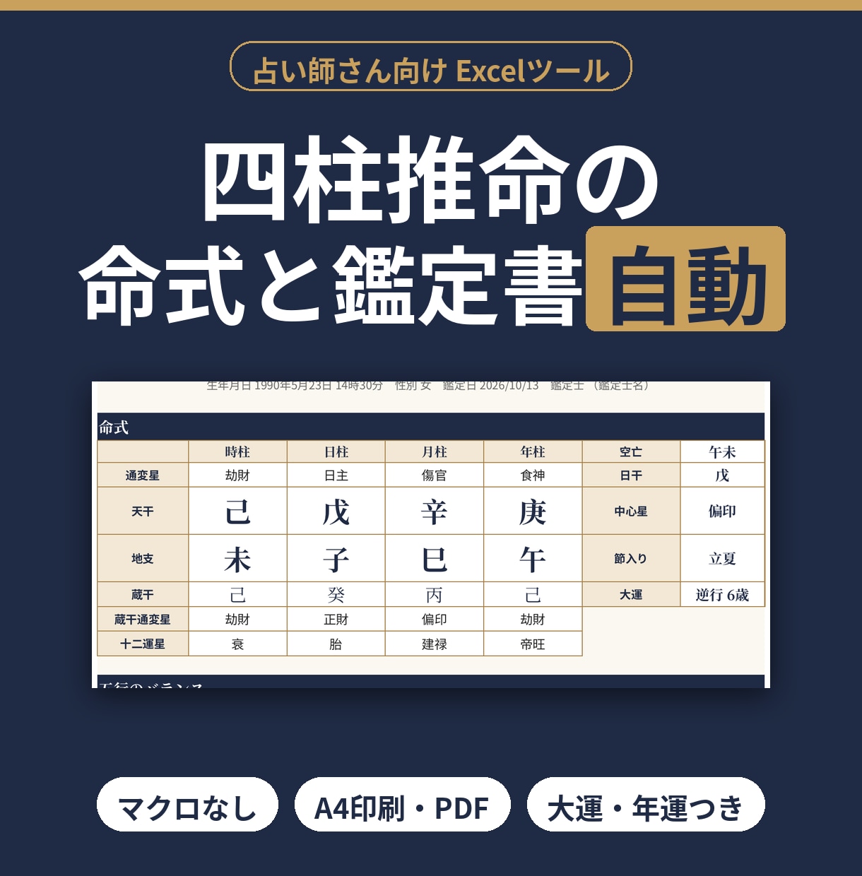 四柱推命の命式表鑑定書を作るExcelを提供します マクロなし｜大運・年運つきA4鑑定書｜流派切替 イメージ1