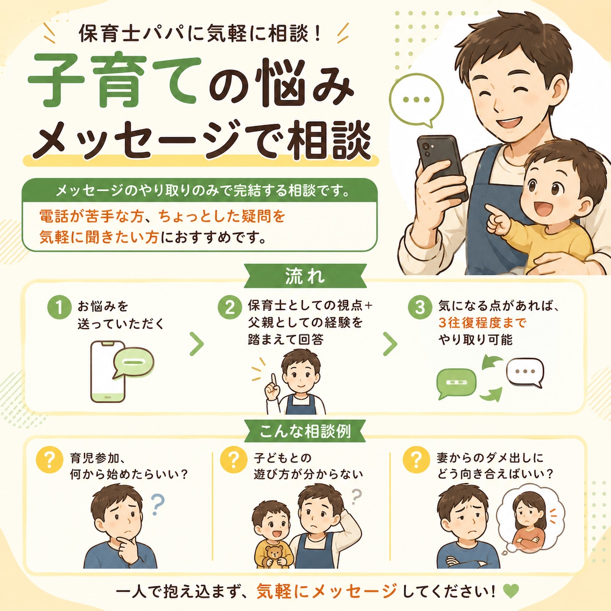 文章のみ　パパの育児、なんでも相談してくださいます 保育士8年×2児の父がパパの悩みに寄り添います イメージ1