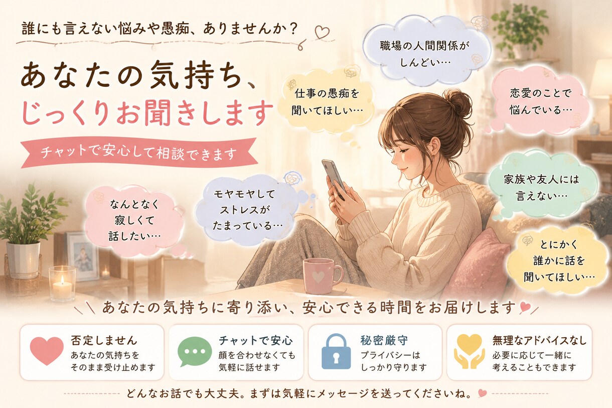 仕事や人間関係の愚痴を何でも聞きます。ます 話すだけでも大丈夫。あなたの気持ちをそのまま受け止めます イメージ1