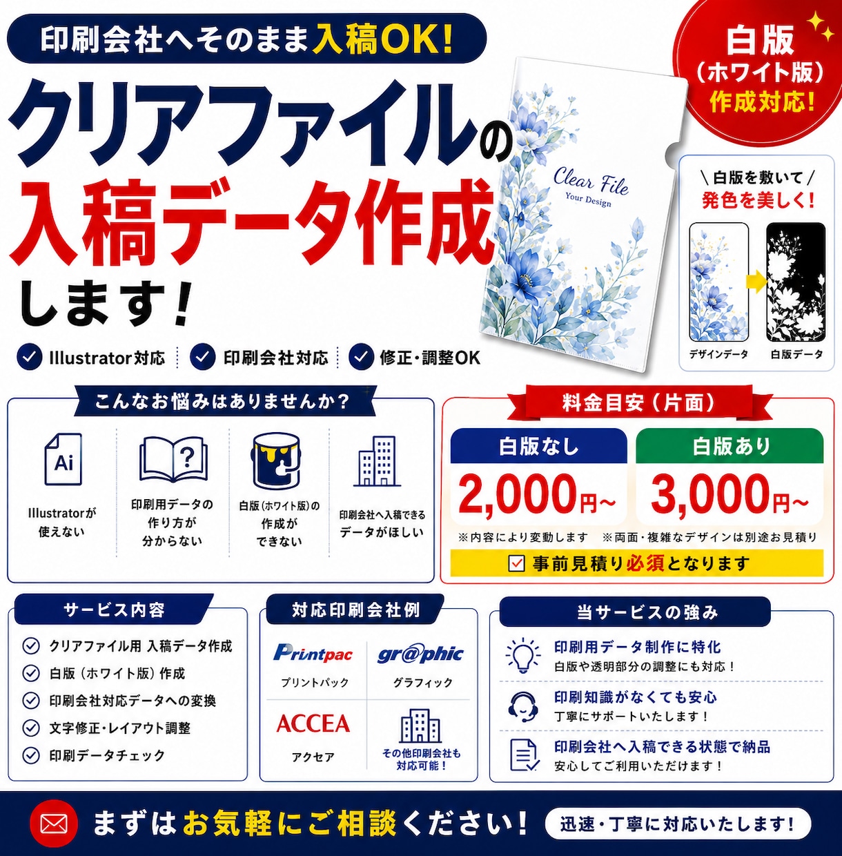 クリアファイル白版データ作成します 白版有無両方にご対応！印刷会社へそのまま入稿OKイラレデータ イメージ1