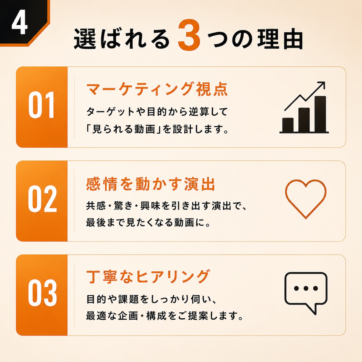 マーケティング視点でショート動画を制作します 感情を設計する映像制作企画から編集まで担当いたします。 イメージ4