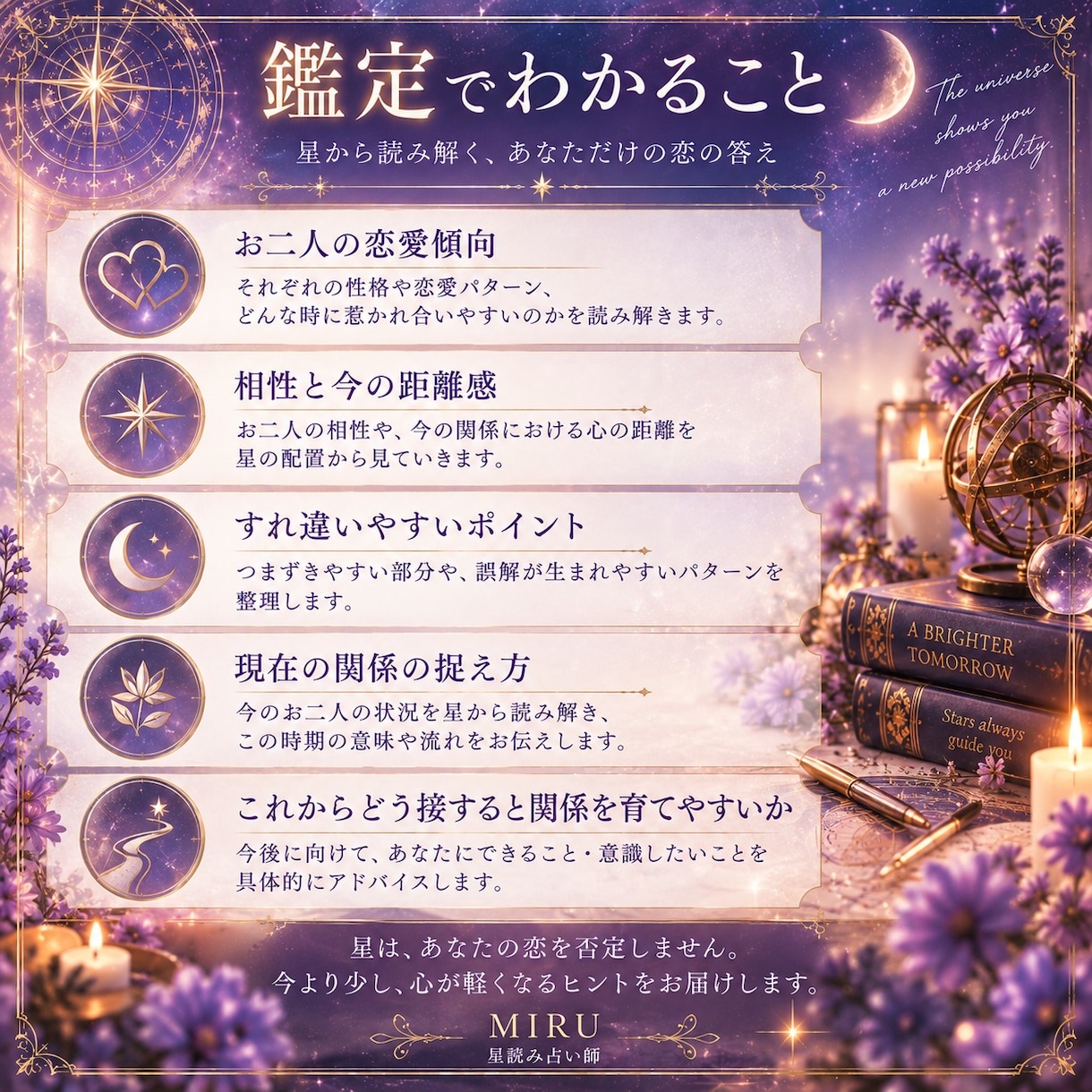 星読みであの人の気持ちと恋の行方を鑑定します 復縁・片想い・複雑恋愛をお二人の星から丁寧に読み解きます イメージ3