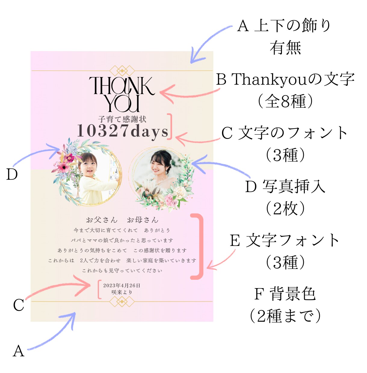 両親贈呈品　子育て感謝状お作りいたします セミオーダーで自分好みの感謝状を♪ イメージ2