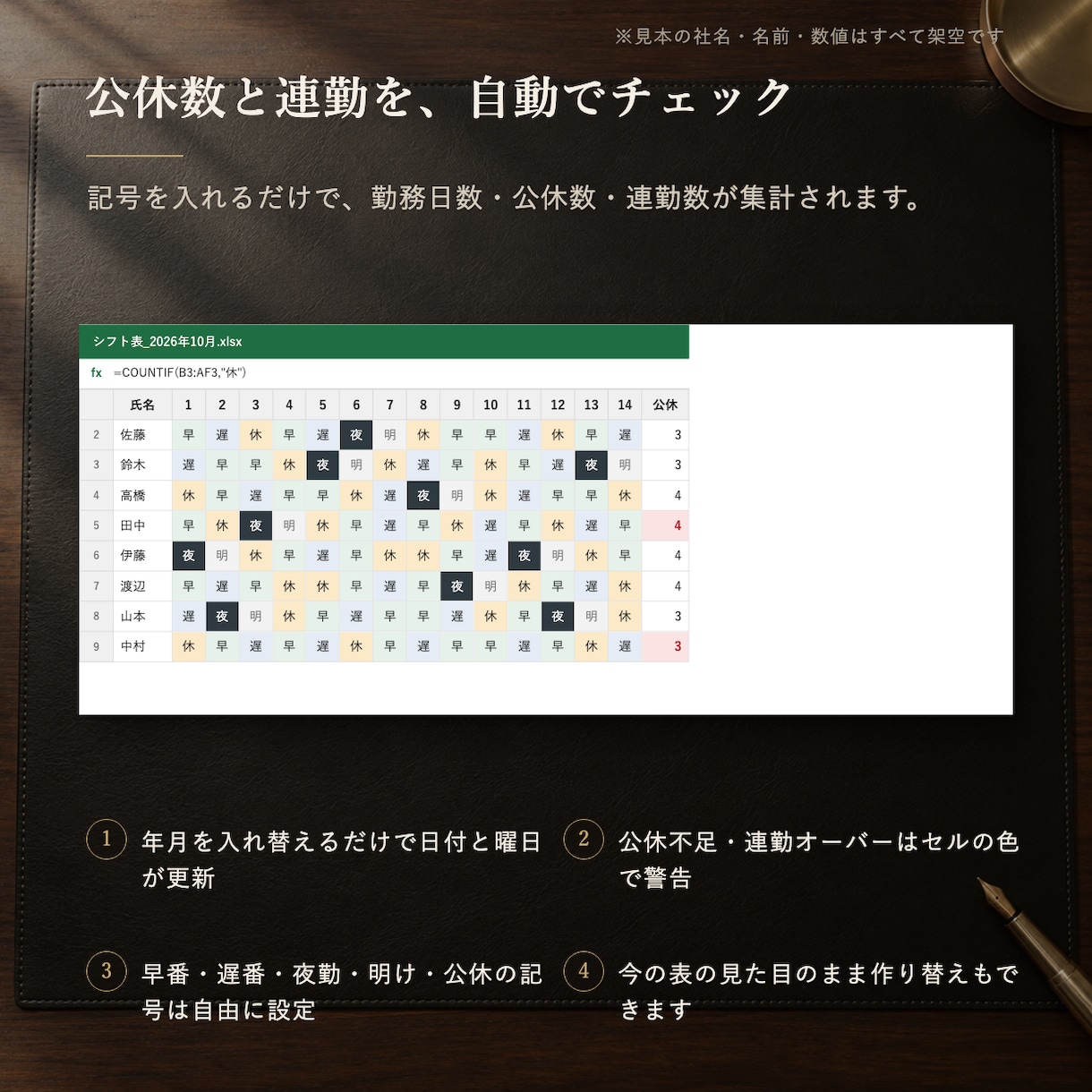 公休・連勤を自動で検査するシフト表を作ります 10名までの入力式。公休数・連勤を自動チェック イメージ2