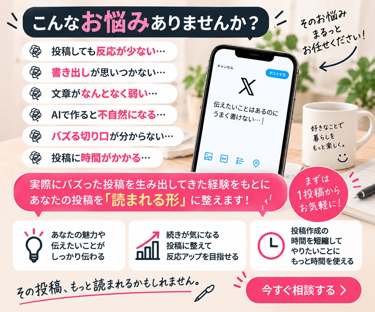 伸び悩むX投稿を添削・改善します 実際にXを伸ばしてきた経験から、投稿を一緒に整えます イメージ2