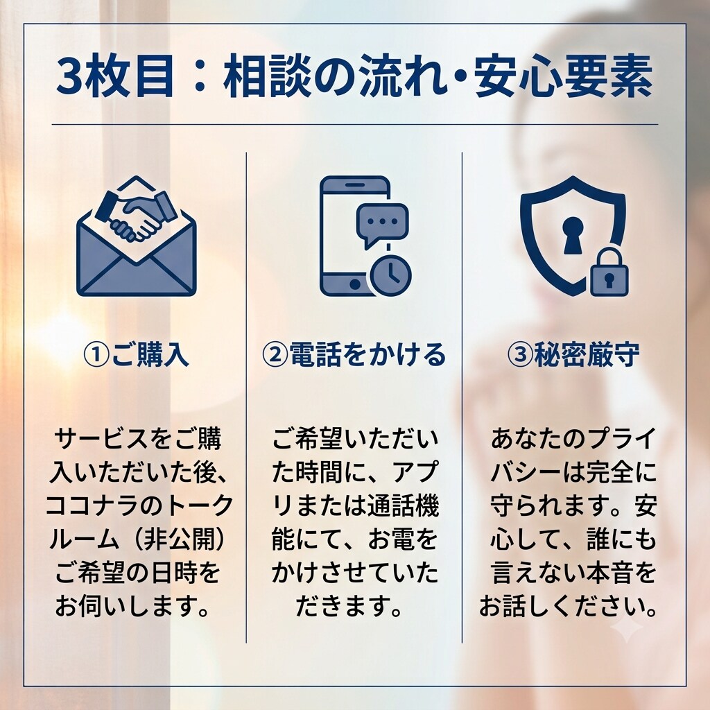 誰にも言えない悩みや本音をしっかり聴きます 誰にも言えない本音やモヤモヤ、否定ゼロでプロが丸ごと承ります イメージ3