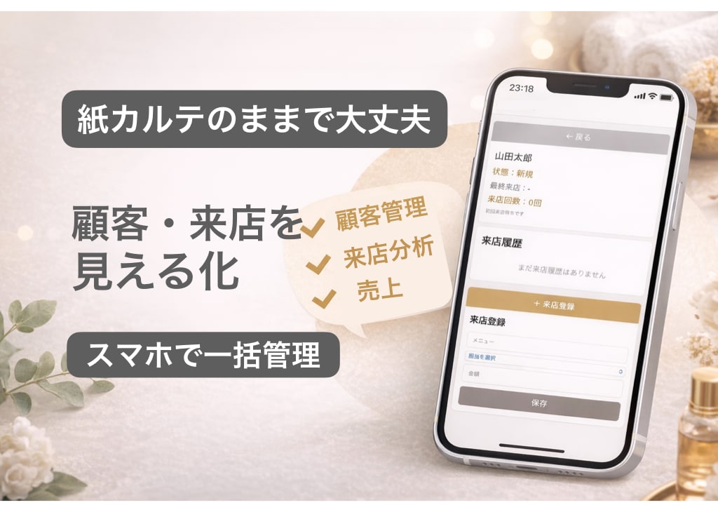 紙カルテのまま顧客・来店を見える化します スマホ1つで顧客・来店・売上をまとめて管理 イメージ1