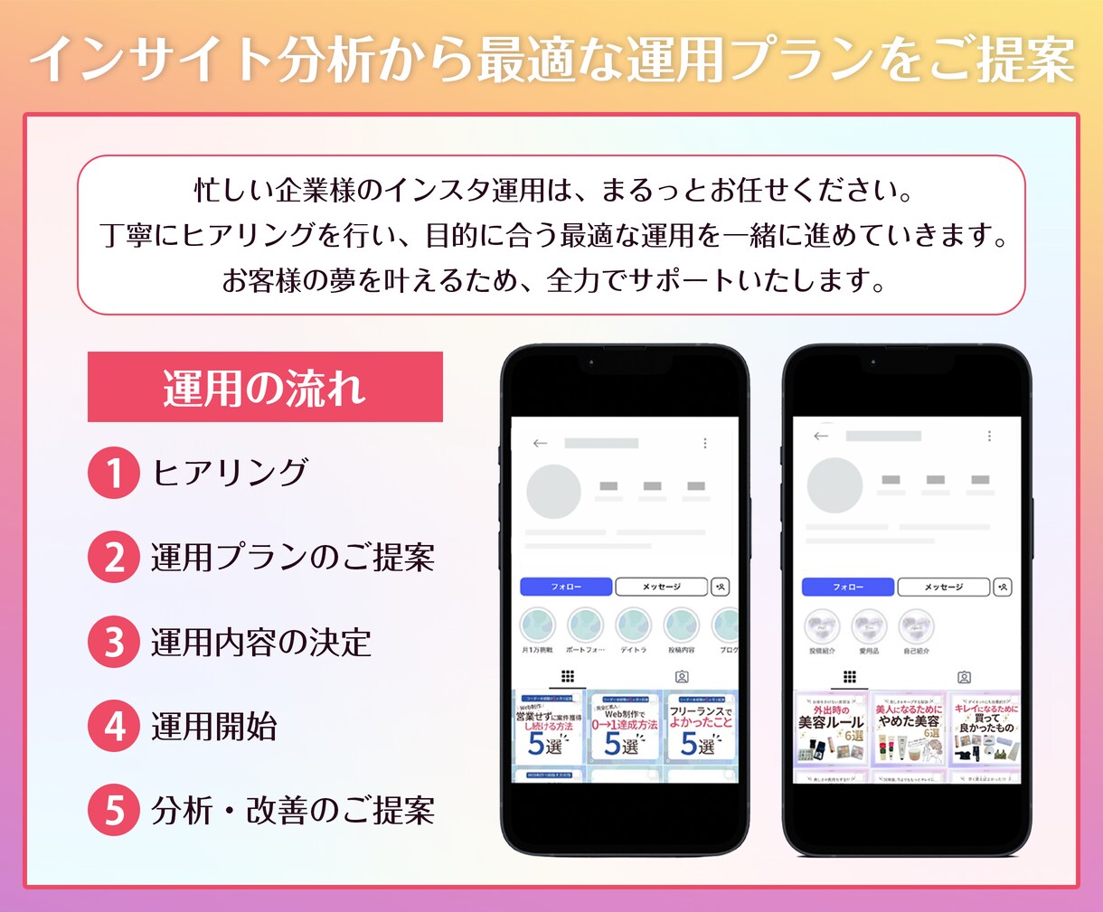 魅力を引き出すSNS運用術で事業をサポートします 大手企業10件運用！SNSを丁寧に育て、成果へ繋げます。 イメージ3