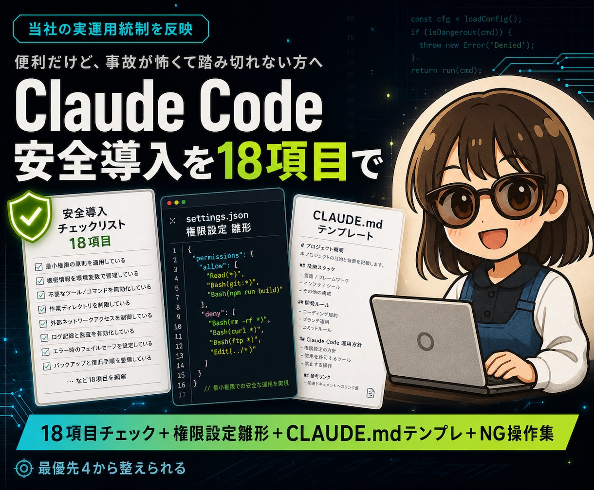 Claude Code安全導入を18項目で整えます 最優先4と設定雛形付き。事故が起きにくい状態で始められます イメージ1