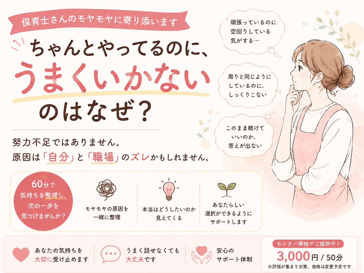 頑張っているのに苦しい原因を一緒に整理します 仕事のモヤモヤを整理｜自分らしい選択ができるようサポート イメージ1