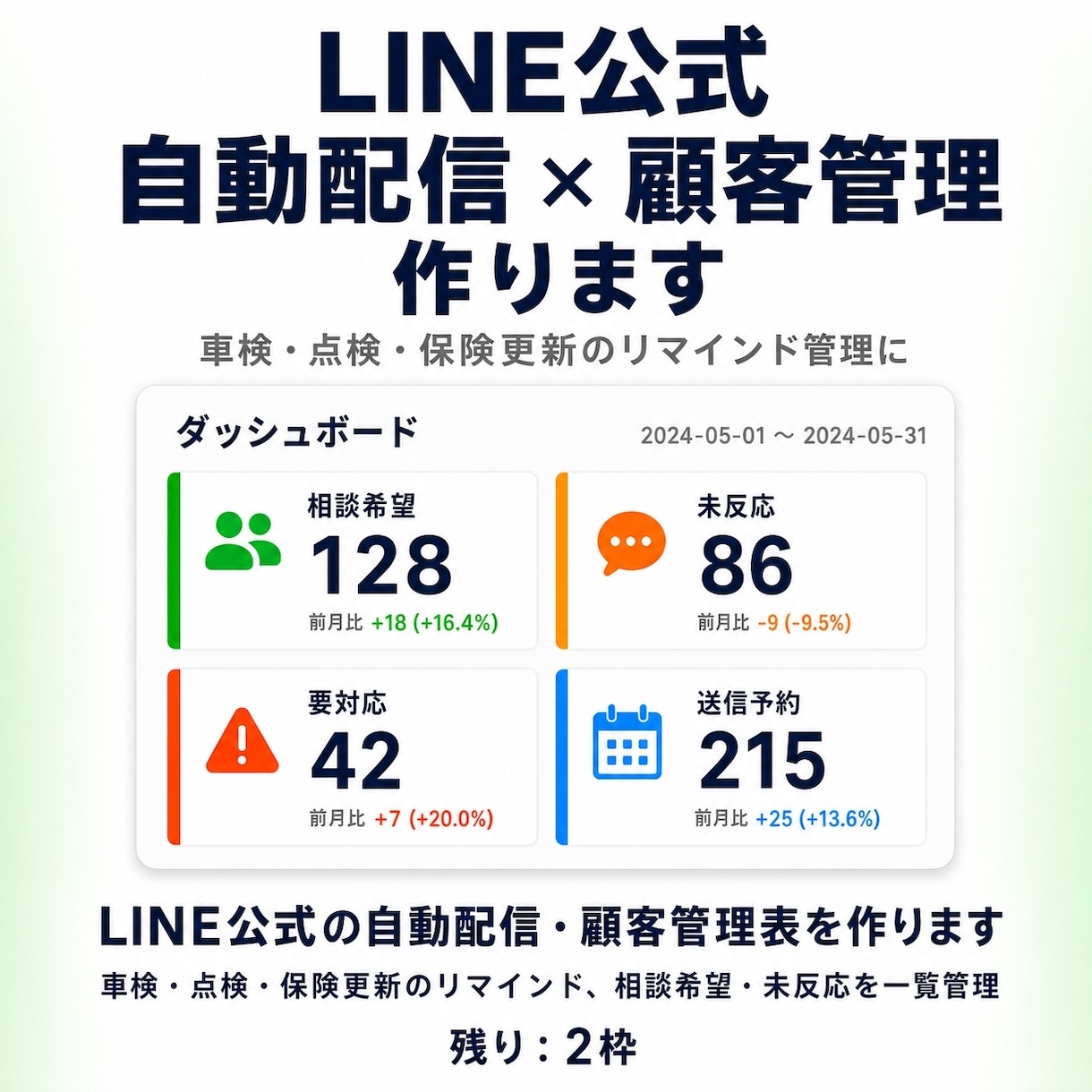 LINE公式の自動配信・顧客管理表を作ります 車検・点検・保険更新のリマインド、相談希望・未反応を一覧管理 イメージ1