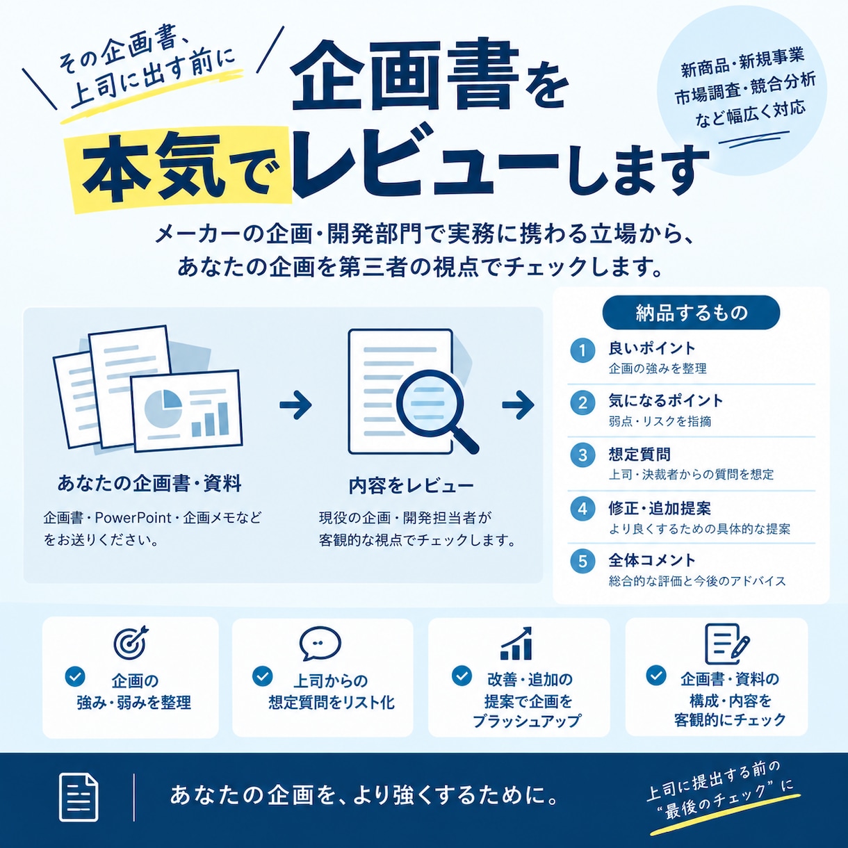 企画書を上司に出す前に本気でレビューします 家電メーカーの企画・開発社員が第三者目線で対応します。 イメージ1