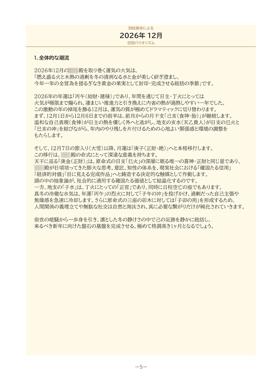 四柱推命で１か月間の運勢を可視化します 命式から希望月の日別運気・幸運日と注意日をPDFでお届け イメージ6