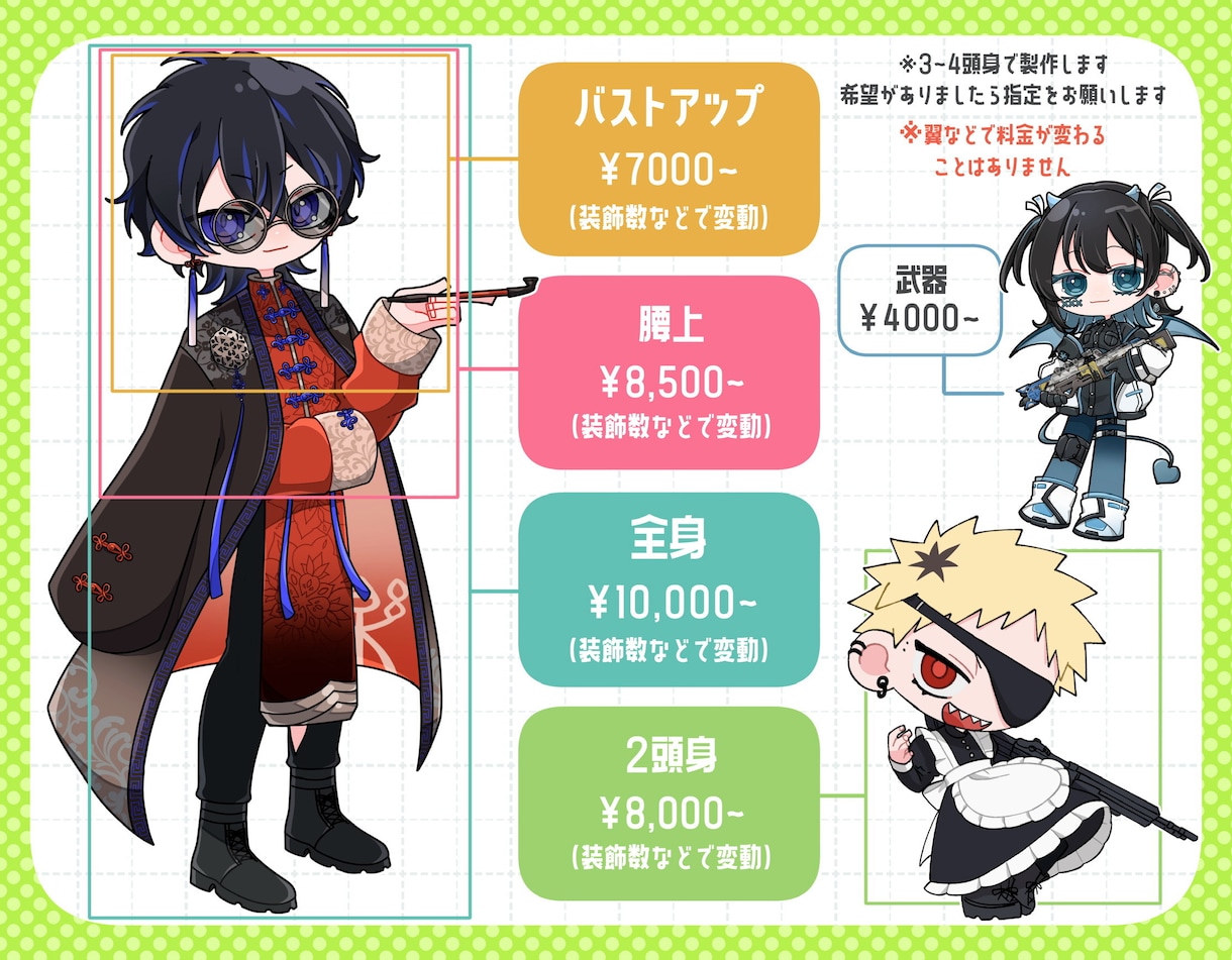 目を惹いて目立つカートゥーン風SDキャラ制作します 【商用可】頭身3種類!立ち絵以外にも幅広く対応します! イメージ2