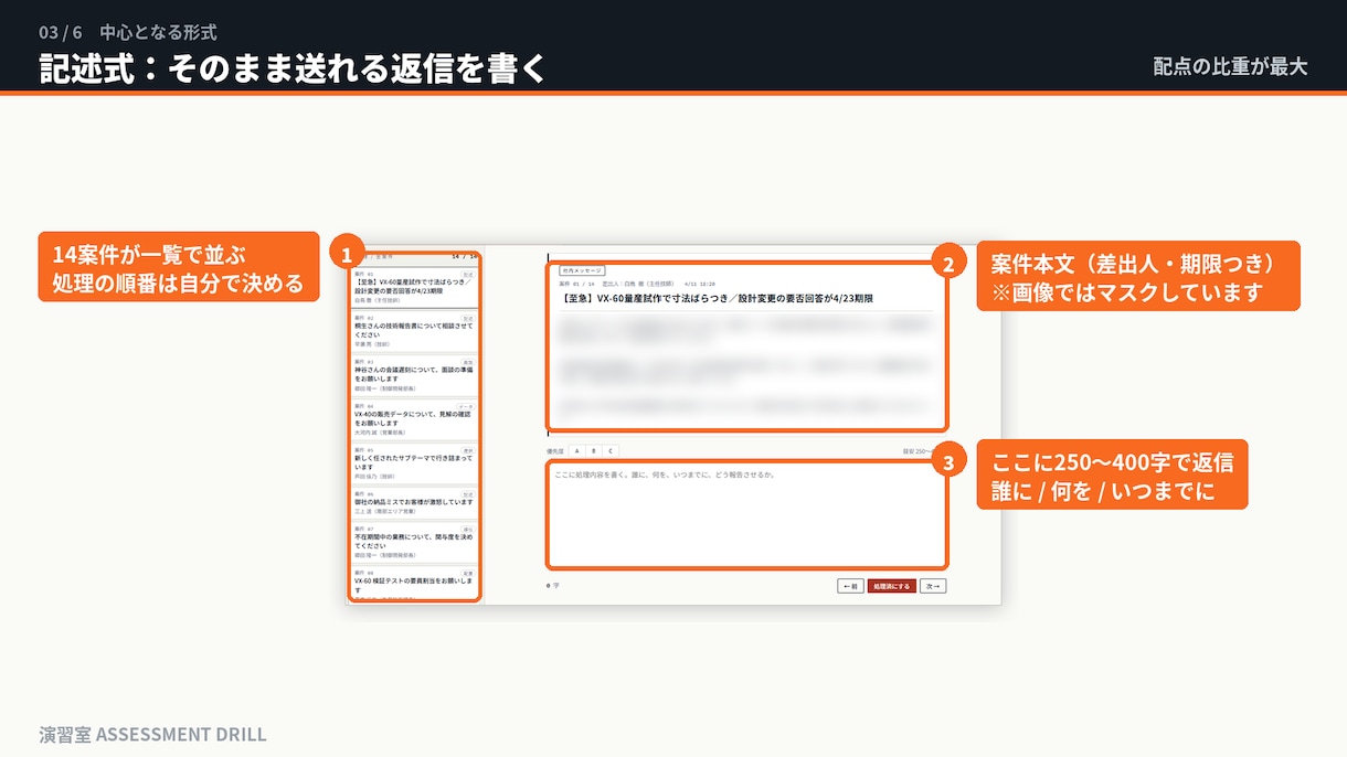 インバスケット対策｜自動採点つき演習ツール渡します 本番と同じ形式で28案件。書いた直後に10項目で自動採点 イメージ4