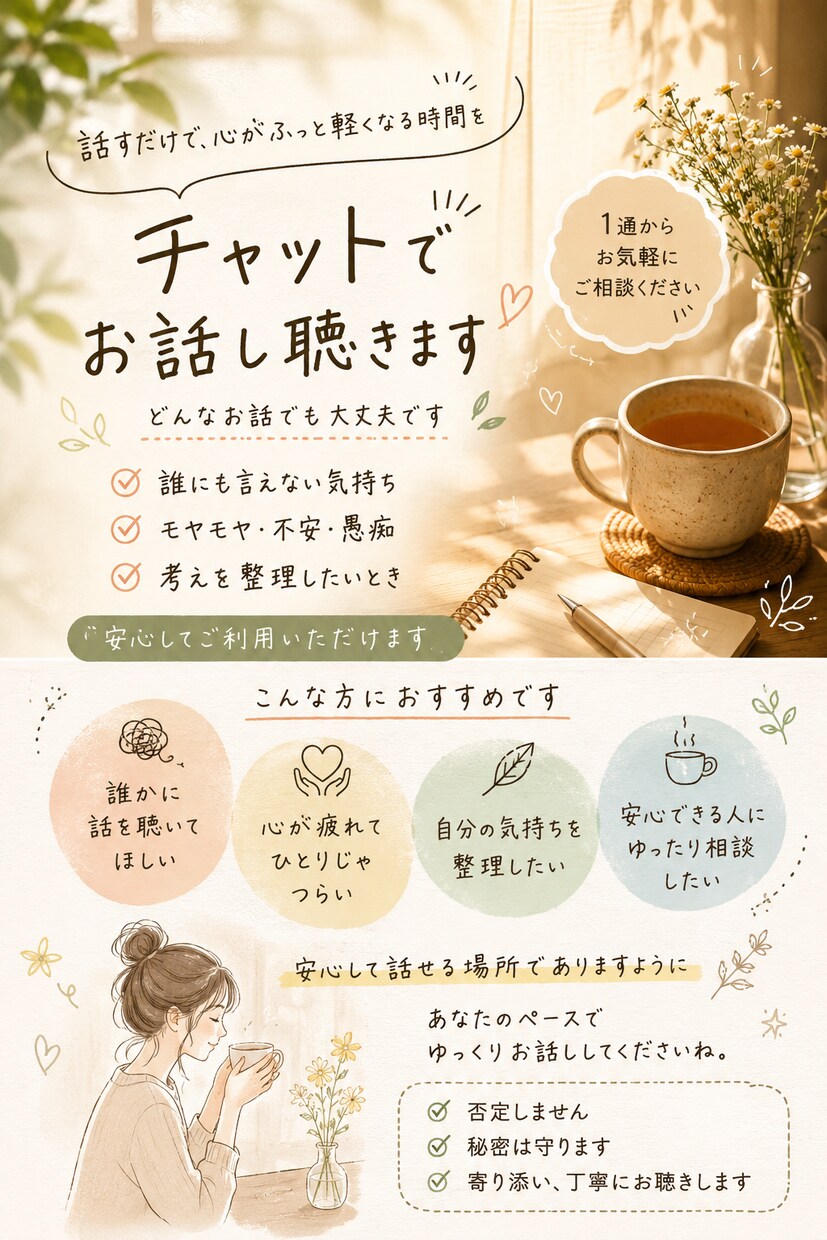 元占い師が話し相手になります お悩み相談や、今日の出来事などなんでもお話しください。 イメージ1