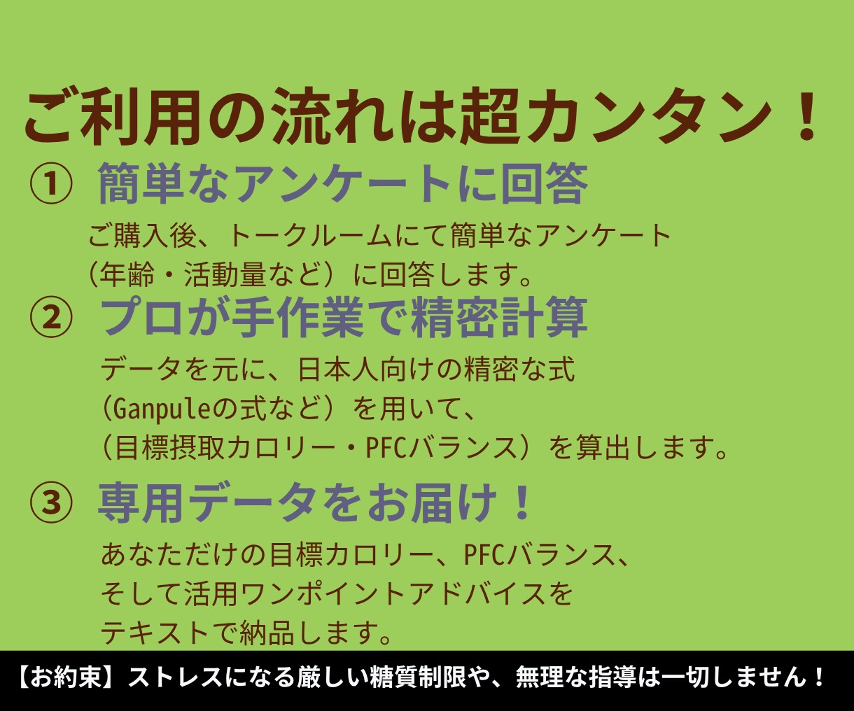 高精度！あなた専用の目標カロリーとPFC算出します 日本人向けの精密な計算式を採用！もう食事の量で迷わせません イメージ3