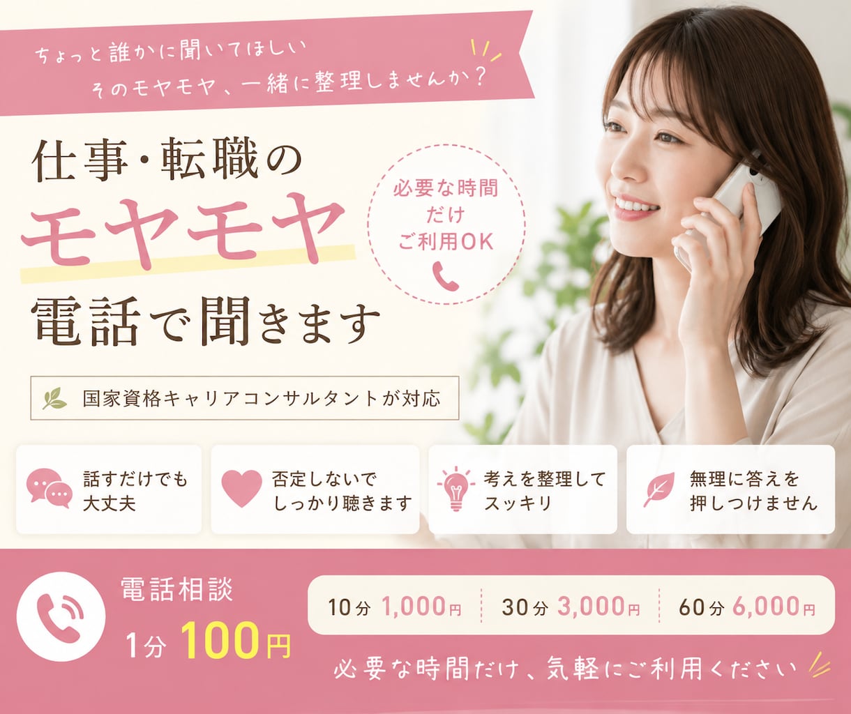 国家資格キャリコン｜仕事のモヤモヤを電話で聞きます 仕事や今後、転職のことなど「少し誰かに聞いてほしい」でOK！ イメージ1