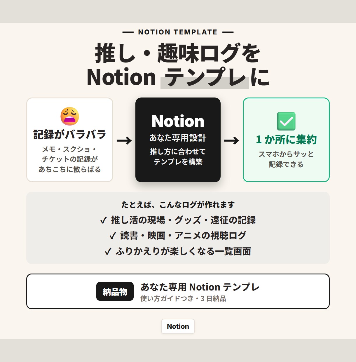推し / 趣味ログ Notion テンプレ作ります 推し / 読書 / 視聴ログ向け。3 日納品 / 修正 OK イメージ1