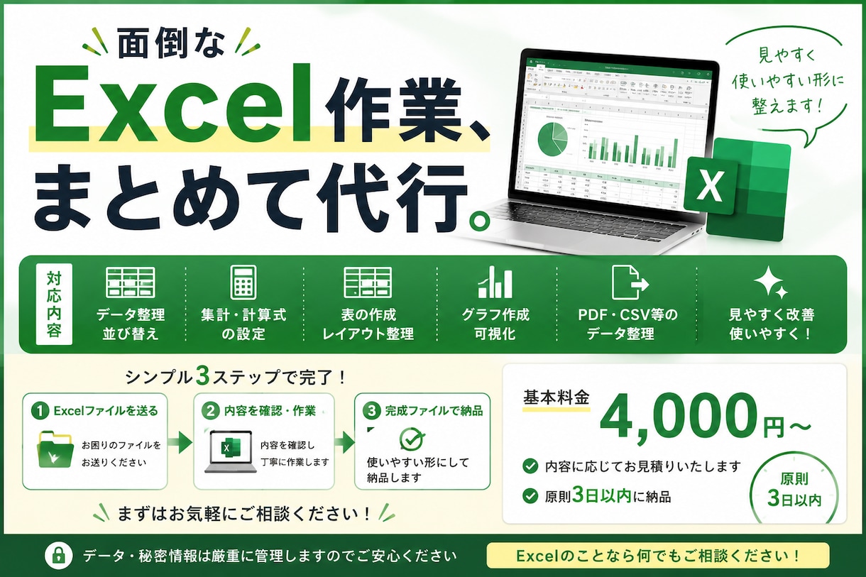 面倒なExcel作業をまとめて代行します データ整理・集計・表作成など使いやすい形に整えます イメージ1