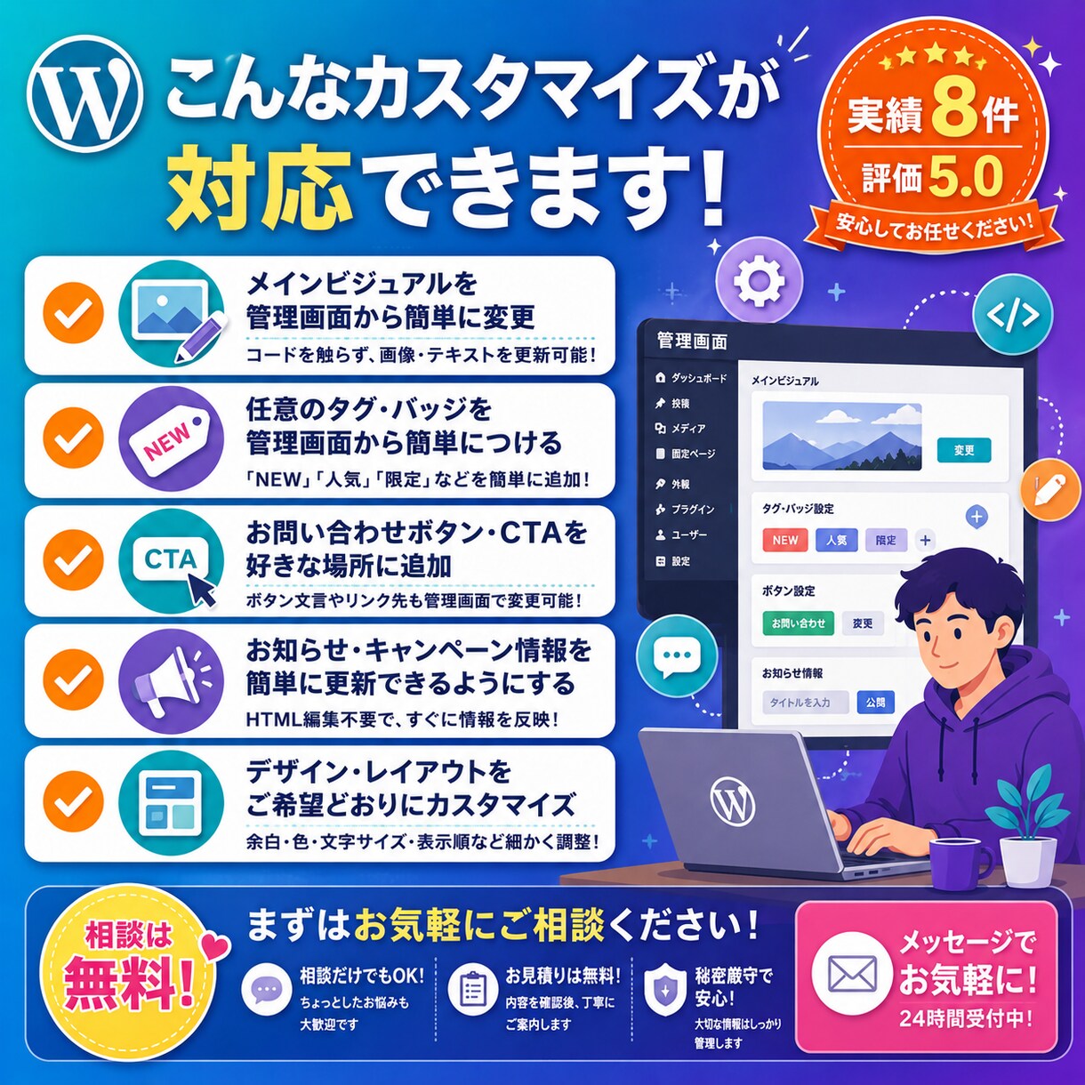 WordPressの不具合修正・カスタマイズします 評価5.0｜表示崩れ・不具合もプロが最短スピード対応！ イメージ3