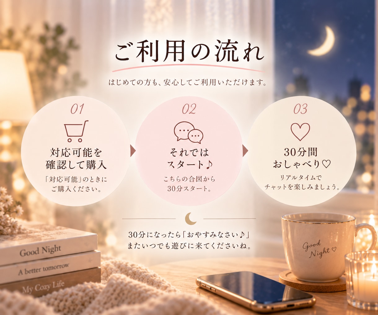寝る前30分⭐︎おやすみチャットで癒します 電話じゃなくても会話を楽しもう♪今日も1日がんばった！ イメージ4