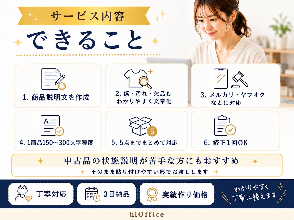 メルカリ・ヤフオク向けの商品説明文を作成します 中古品の状態が伝わる、丁寧でわかりやすい出品文に整えます イメージ5