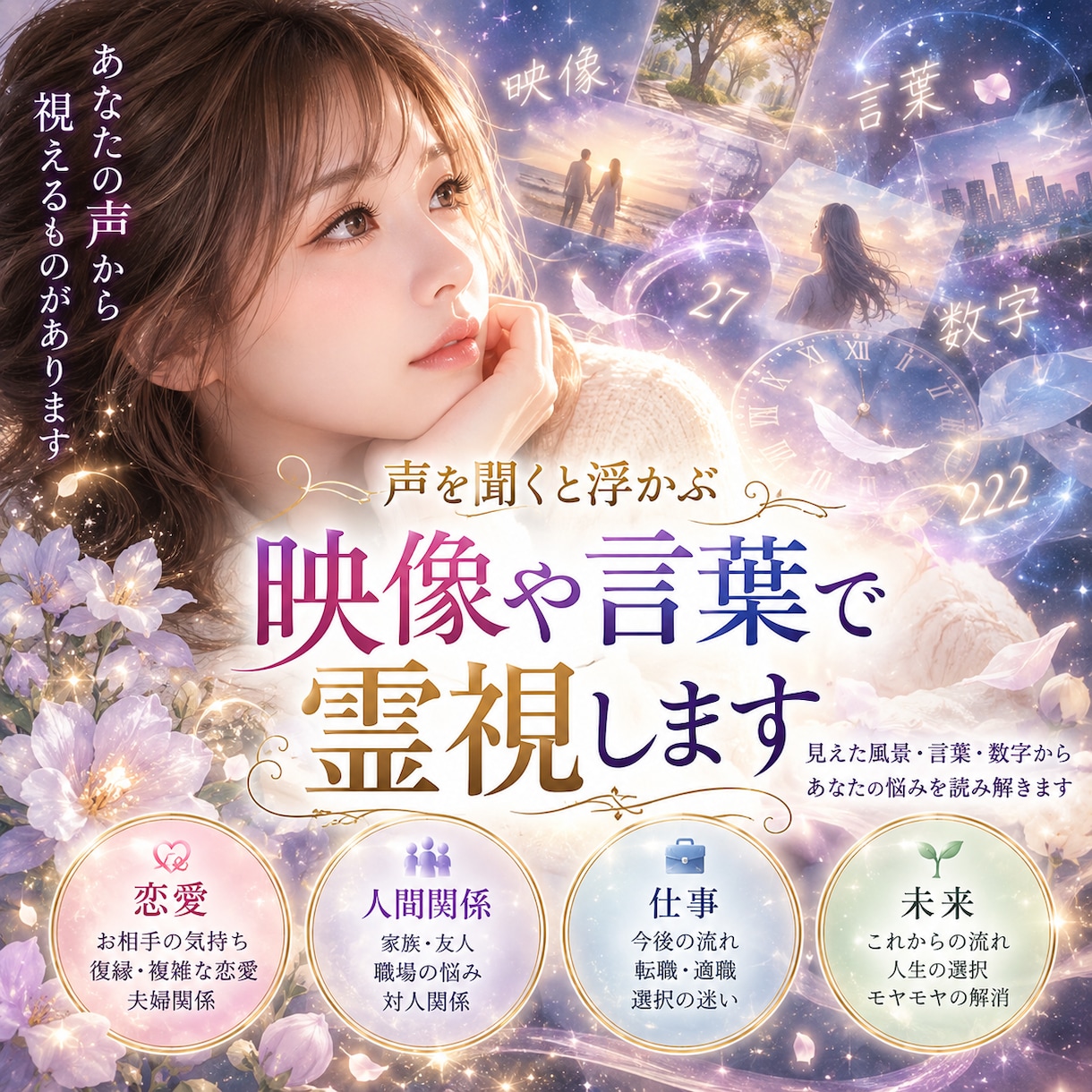 お声から浮かぶ映像や言葉を霊視します 声から視える情景や言葉をもとに心を込めて鑑定します イメージ1