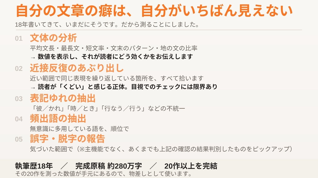 1万字可　小説・文書の文体を分析し、校正します 執筆歴18年・280万字の書き手が、機械と目の両方で診ます イメージ1