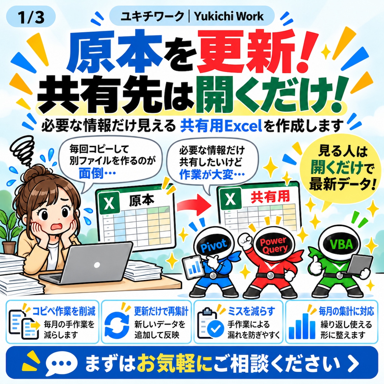 原本と連動する共有用Excelを作成します 必要な情報だけ共有！見る人はExcelを開くだけ イメージ1