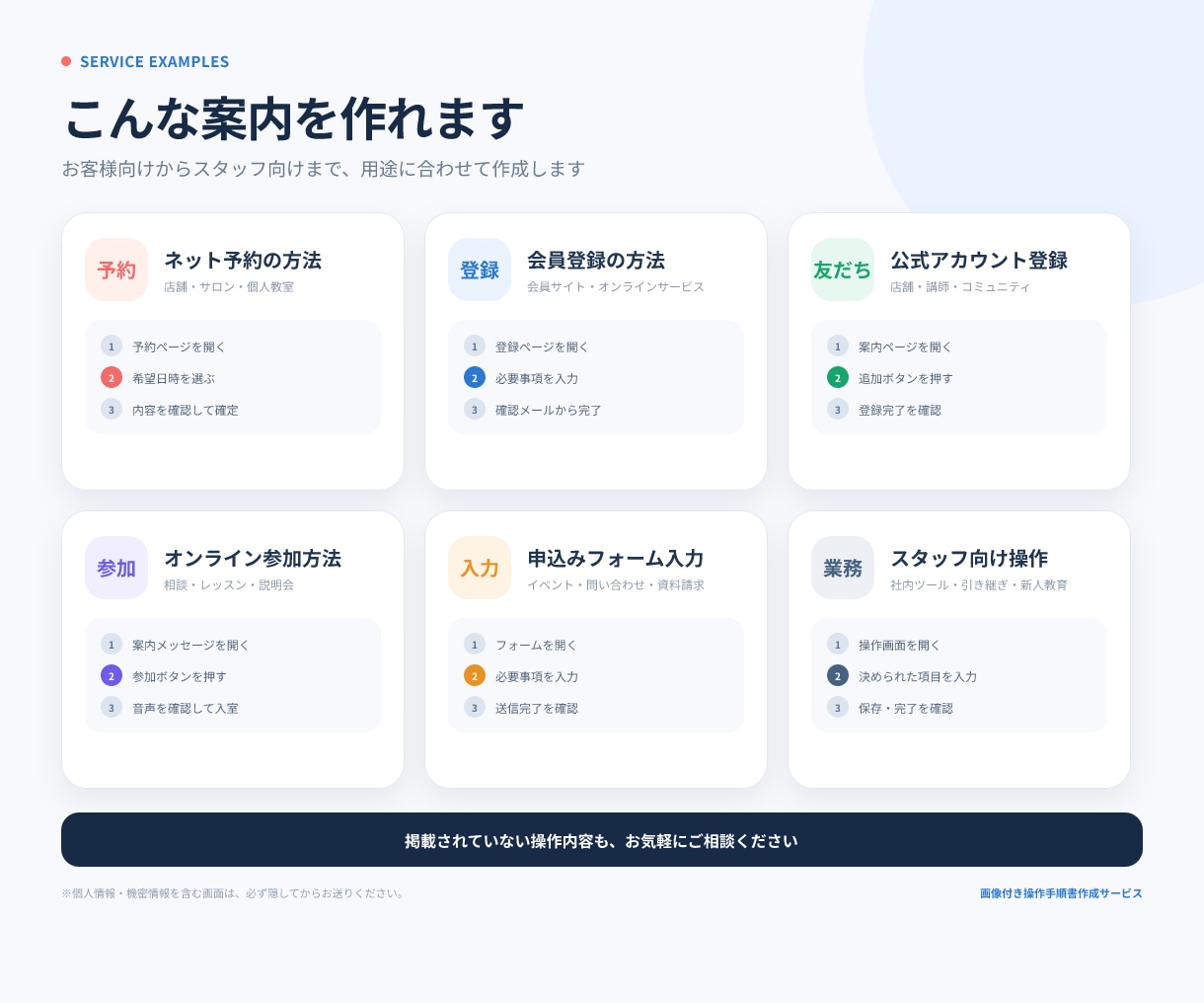 スクショを送るだけ！画像付きの操作手順書を作ります LINE・予約・登録手順を、見て分かる1枚に イメージ2