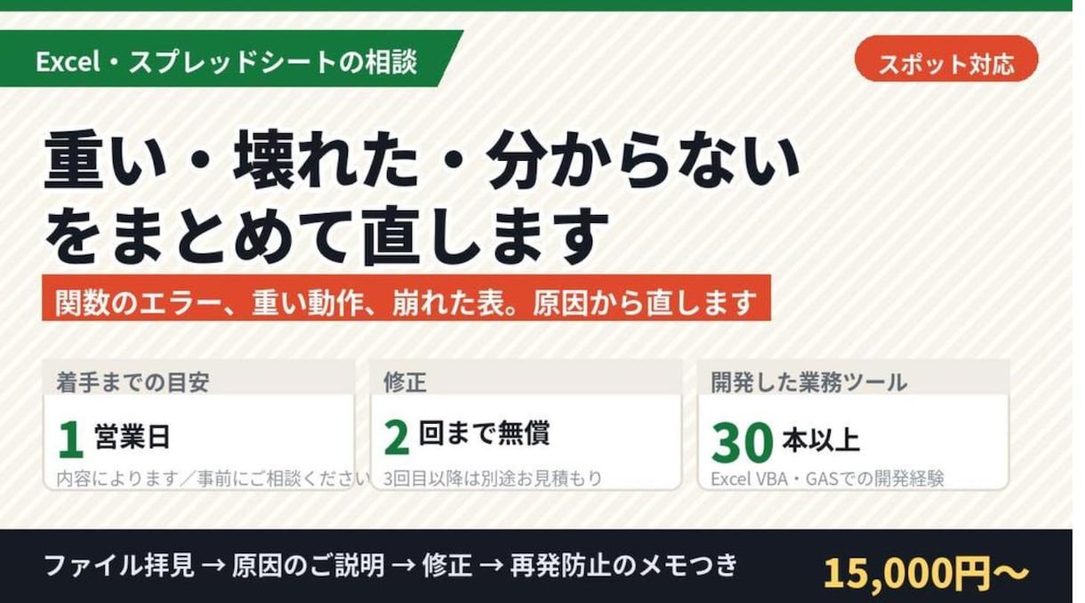 Excelの重い・壊れた・分からないを直します 関数のエラー、重い動作、崩れた表。原因から直します イメージ1