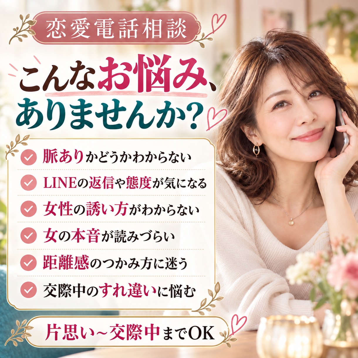 男性限定｜謎な女心を紐解き一緒に作戦を考えます 脈あり/LINE/誘い方/女の本音/距離感/交際中の悩みまで イメージ2