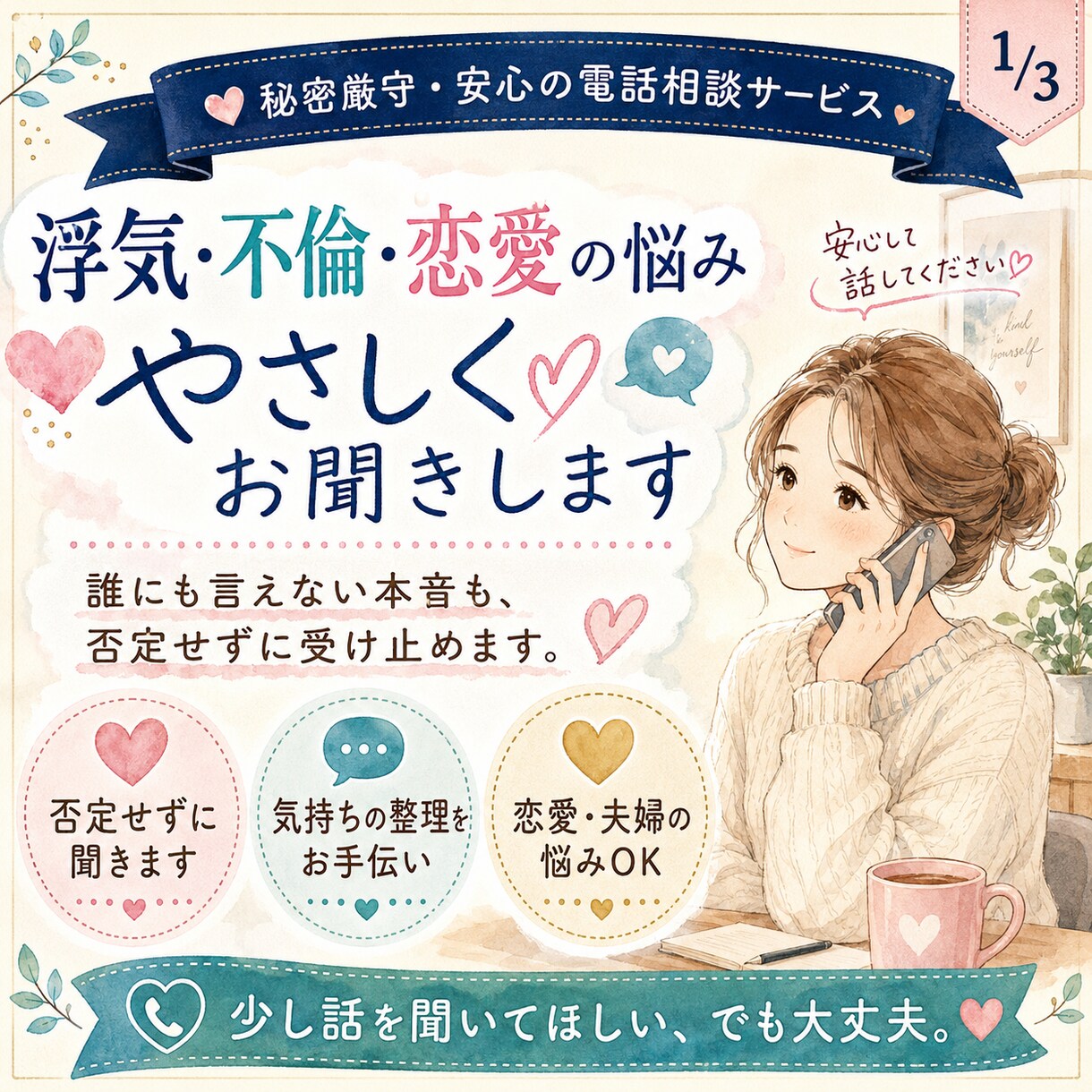 浮気・不倫の誰にも言えない気持ちを聞きます 責められそうで話せない気持ちも、まずはそのまま イメージ1