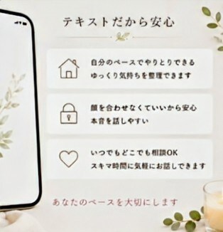 チャットなら自分のペースで、ゆっくり話せます 一人で悩まないで! HSPカウンセラーがじっくりお聞きします イメージ8