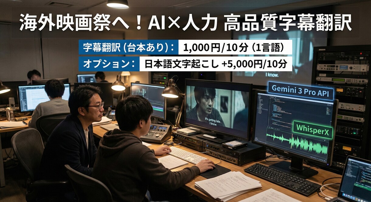 Geminiと人力チェックで多言語字幕翻訳します 業界標準より安く、機械翻訳より高品質。あなたの映画を世界へ イメージ1