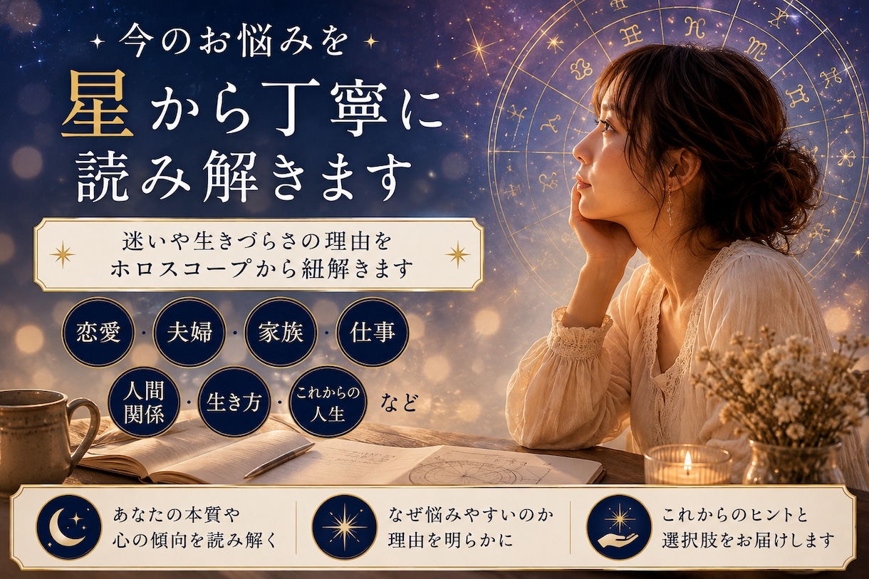 今のお悩みを星から丁寧に読み解きます 迷いや生きづらさの理由をホロスコープから紐解きます イメージ1