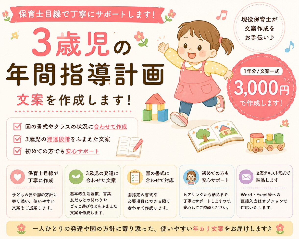 3歳児の年間指導計画を作成します 保育士目線で3歳児の発達に沿った年カリ文案を作成 イメージ1