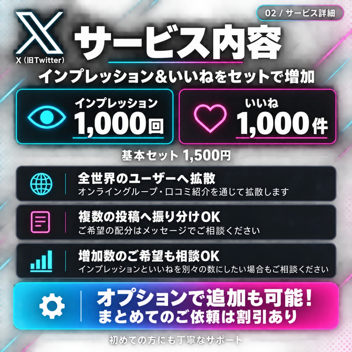 X(旧Twitter)のインプ&いいねを増やします インプ&いいねをセットで1,000～増加！オプ割あります✨ イメージ2