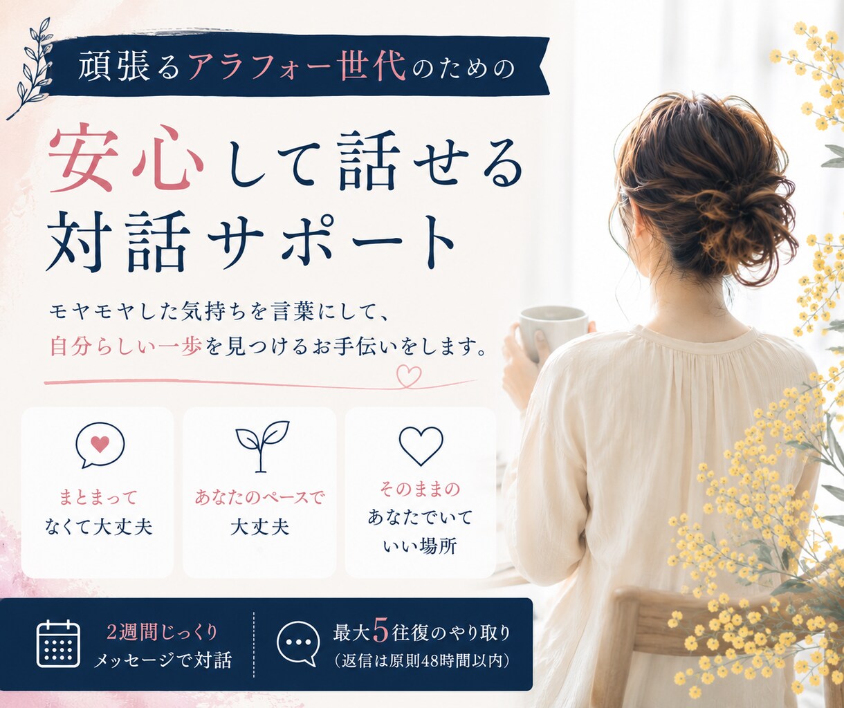 話しながら、一緒に言葉にしていきます アラフォー女性へ。そのままのあなたで心にも深呼吸する時間を。 イメージ1