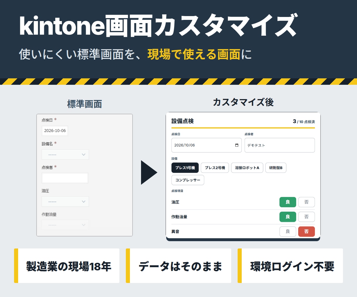 kintone画面を現場で使いやすく作り直します 製造業の現場18年。データはそのまま、画面だけ変えます イメージ1