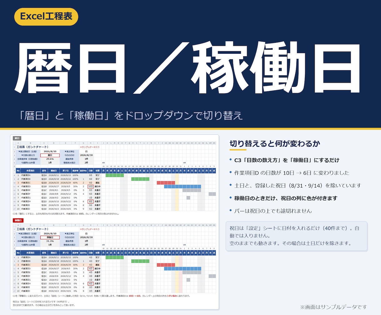 エクセル工程表・ガントチャート表を提供します Excelテンプレート。日付を入れるだけで進捗管理 イメージ5