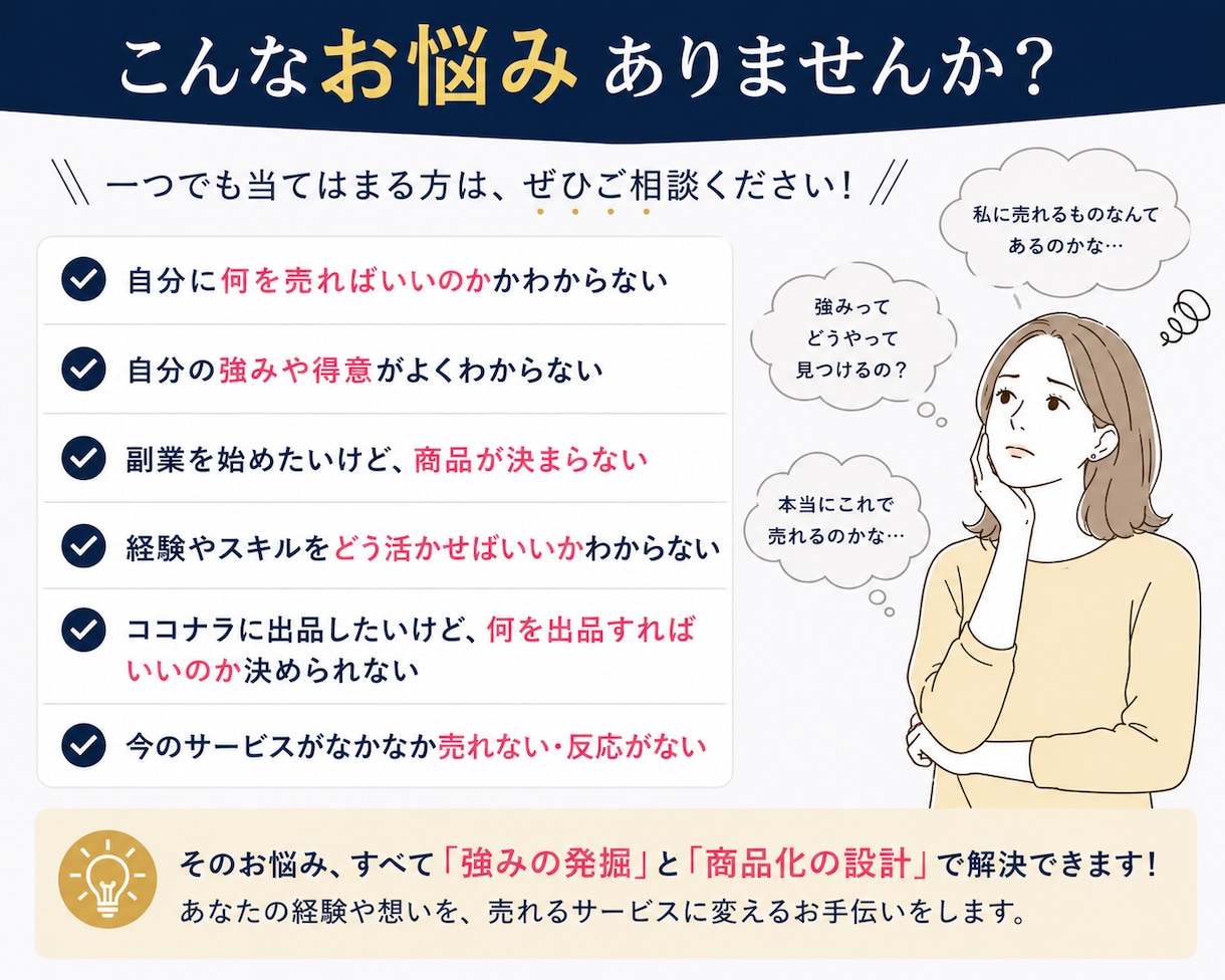 副業で何を売るか悩む方へ商品設計します 経験・得意を収益化できる形に整理します イメージ2