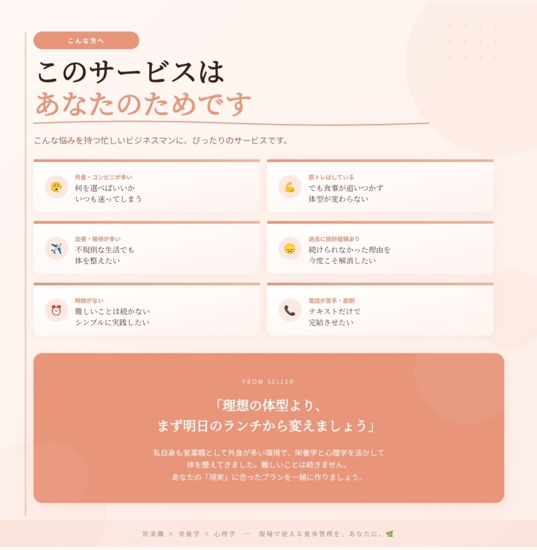 忙しいビジネスマン向け、食事メニュー考えます 外食、コンビニOK！あなただけの食事メニュー考えます。 イメージ2