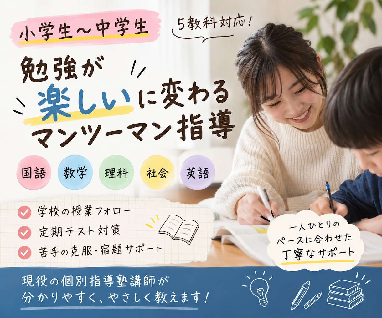 現役塾講師が中学生5教科を個別指導します 苦手克服から定期テスト対策まで丁寧に指導します イメージ1