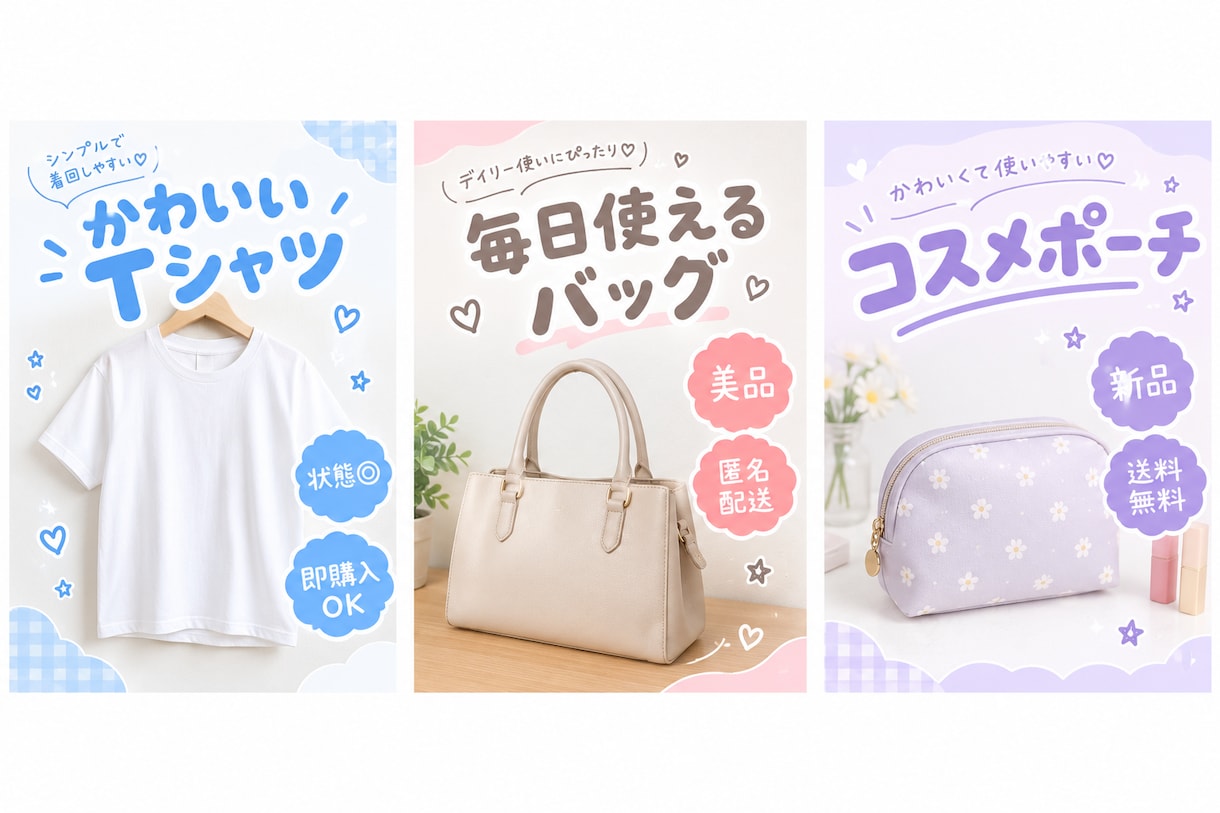 メルカリフリマの商品画像をかわいく見やすく作ります 写真を送るだけ♡ゆるかわ商品画像に仕上げます イメージ1