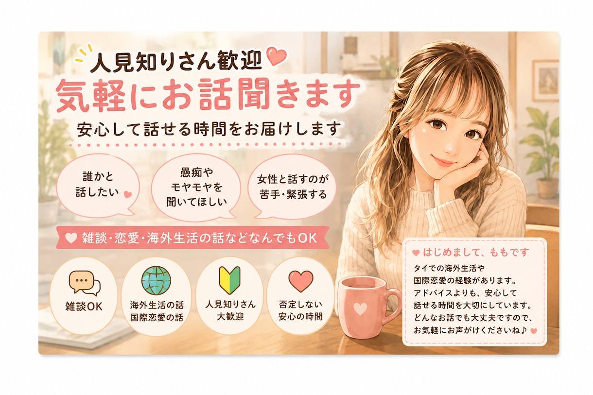 人見知りさん歓迎｜気軽にお話聞きます 話し下手でも大丈夫。安心して話せる時間を提供します イメージ1