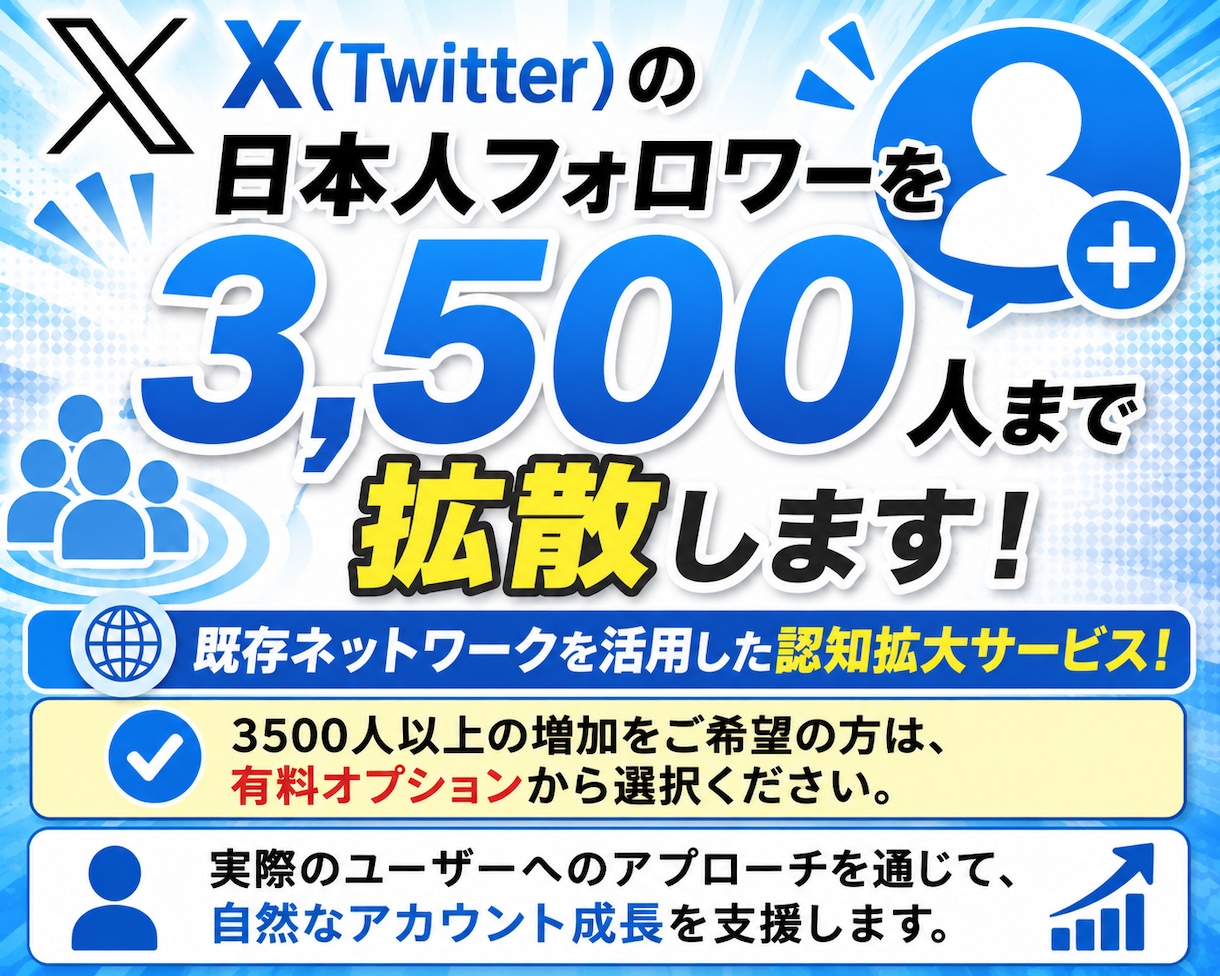 Xの日本人フォロワーを3500人まで拡散します Twitter 既存ネットワークを活用した認知拡大サービス！ イメージ1