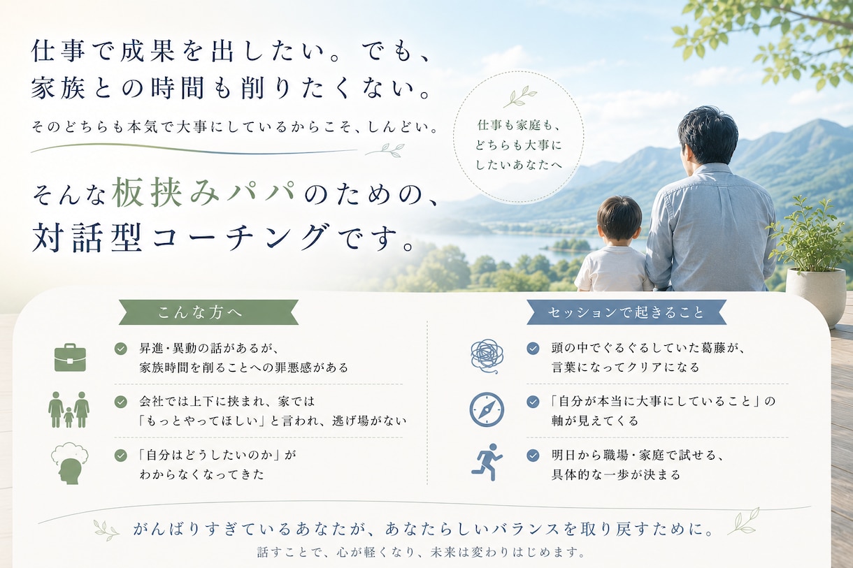 板挟みパパの葛藤を、対話で整理します キャリアと家族の間で迷うパパへ、自分の軸を取り戻す30分 イメージ1